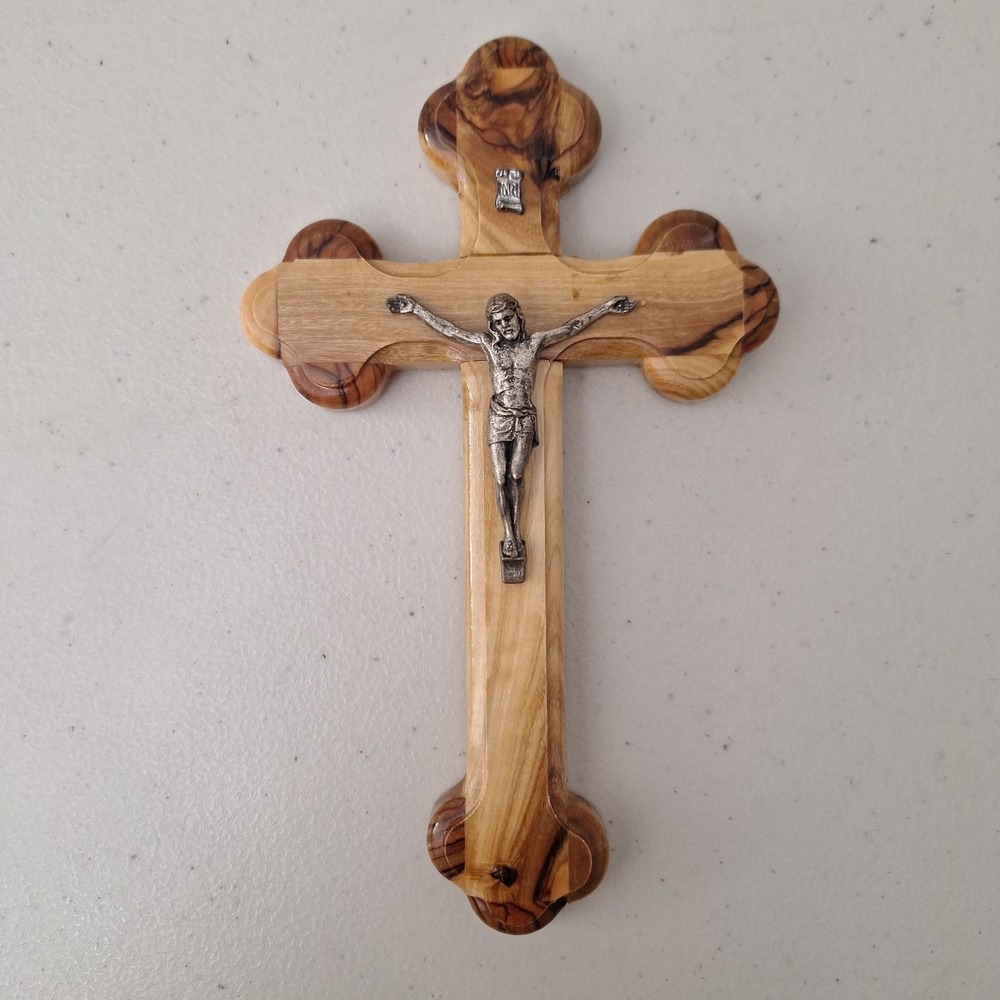 Vintage Jerusalem Olive Wood Crucifix Wall Cross Jesus Pewter Hanging Wooden 7"